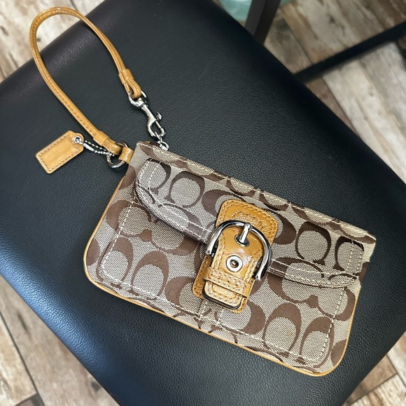 Coach Signature Brown and Tan Wristlet - Picture 1 of 5